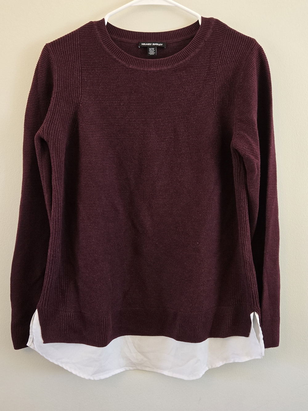 3/$20 Hilary Radley Burgundy Crewneck Sweater with White Faux Hem